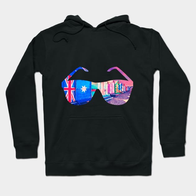 Brighton Bathing Boxes Sunglasses Watercolor Art Hoodie by AdrianaHolmesArt